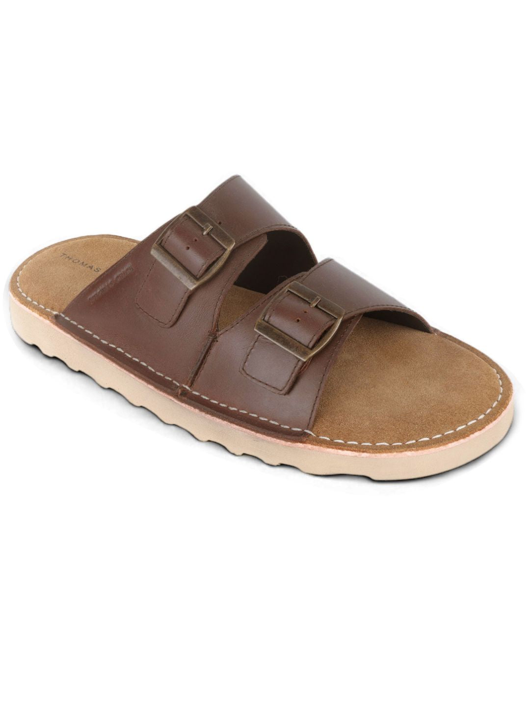 Solace Brown Double Buckle Sandals | Premium Casual Slippers with Suede-Textured Footbed |TC-2760BR