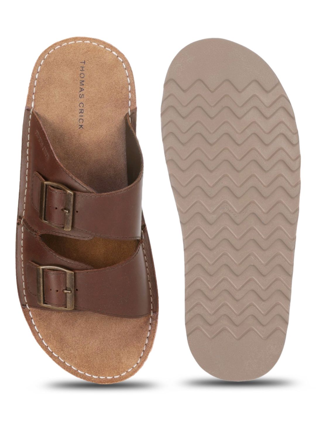 Solace Brown Double Buckle Sandals | Premium Casual Slippers with Suede-Textured Footbed |TC-2760BR