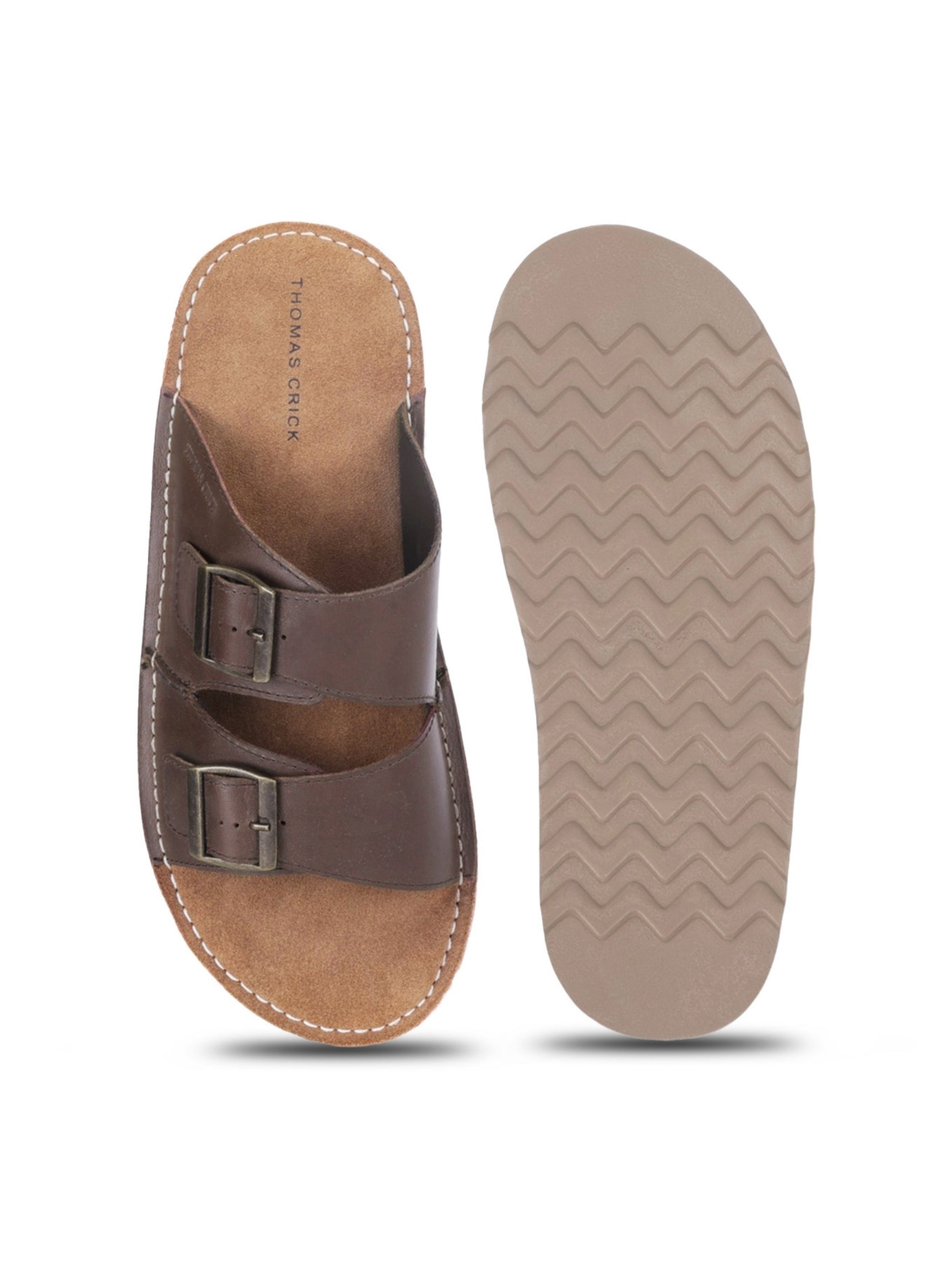 SOLACE Brown Double Buckle Sandals | Premium Casual Slippers with Suede-Textured Footbed |TC-2760BR