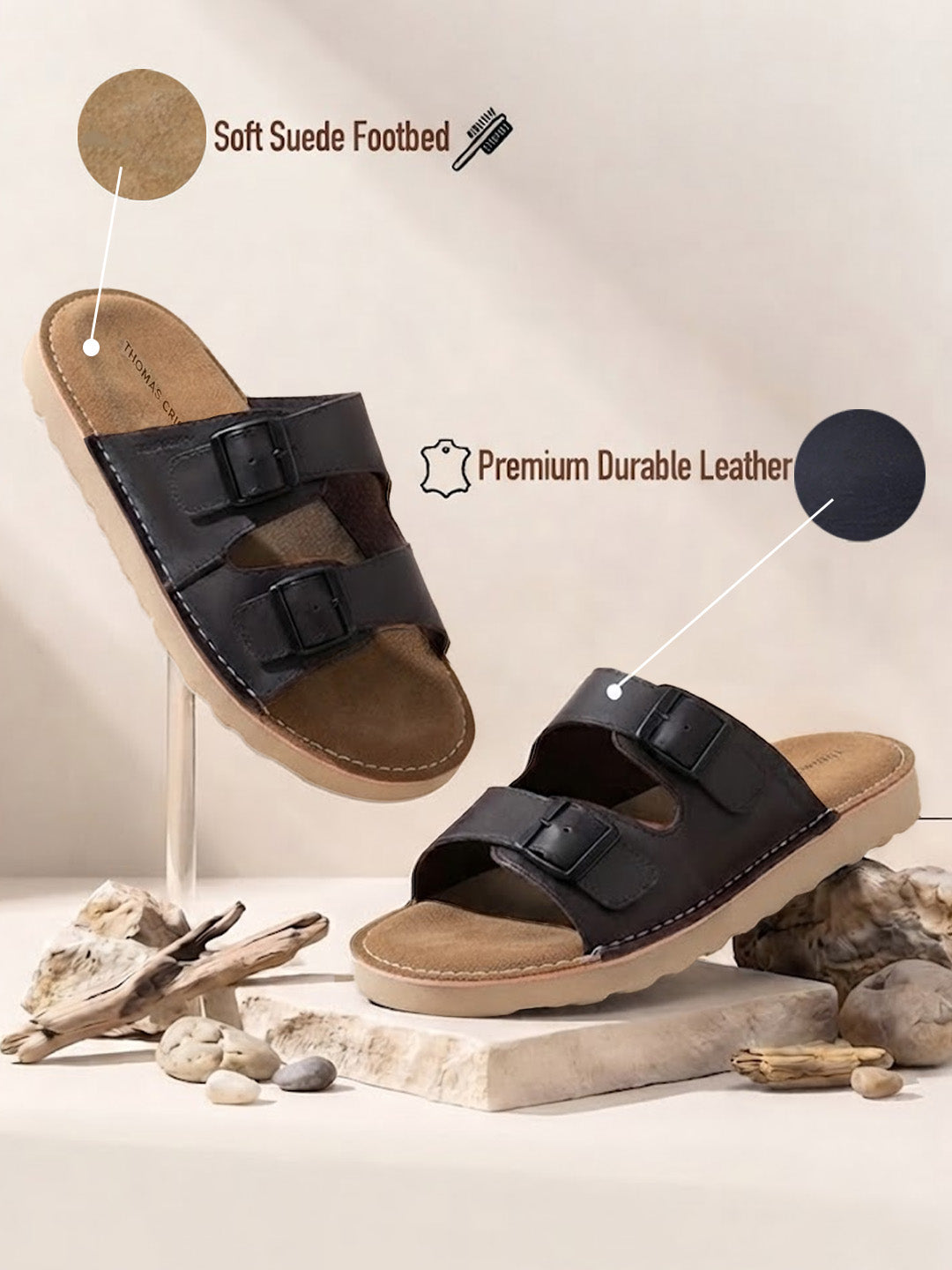 Solace Black Double Buckle Sandals | Premium Casual Slippers with Suede-Textured Footbed |TC-2760BL