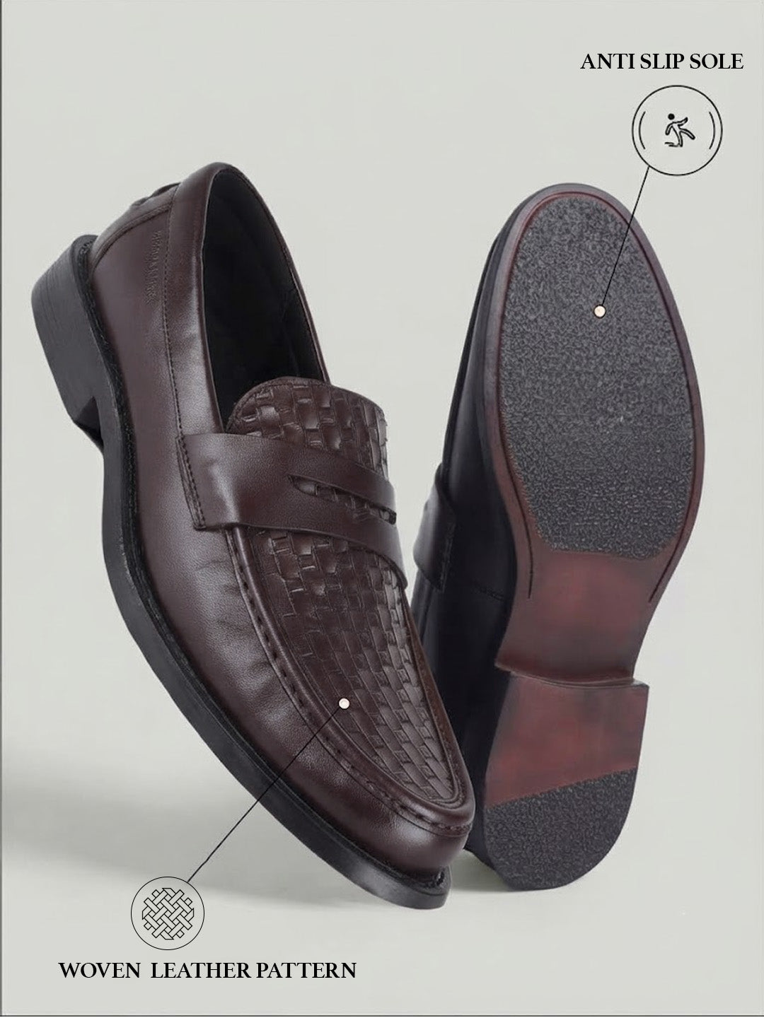 Euston Men's Brown Woven Texture Genuine Leather Penny Loafers | Premium Slip-On Formal & Smart Casual Dress Shoes|TC-2653BR