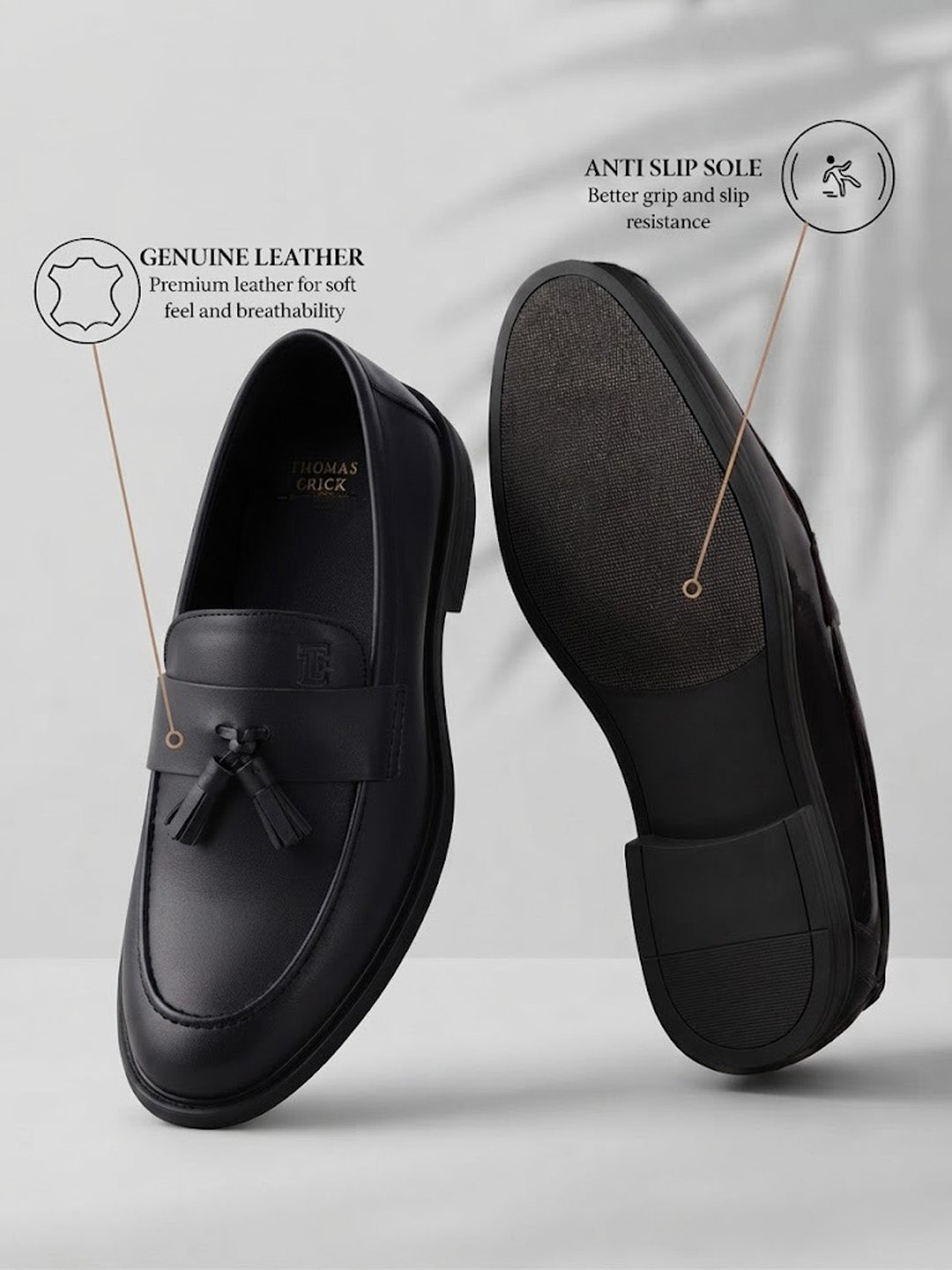 Kingsley Men's Black Genuine Leather Tassel Loafers | Premium Slip-On Formal & Smart Casual Dress Shoes|TC-2654BL