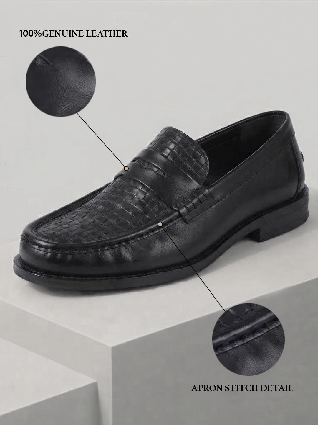 Euston Men's Black Woven Texture Genuine Leather Penny Loafers | Premium Slip-On Formal & Smart Casual Dress Shoes|TC-2653BL