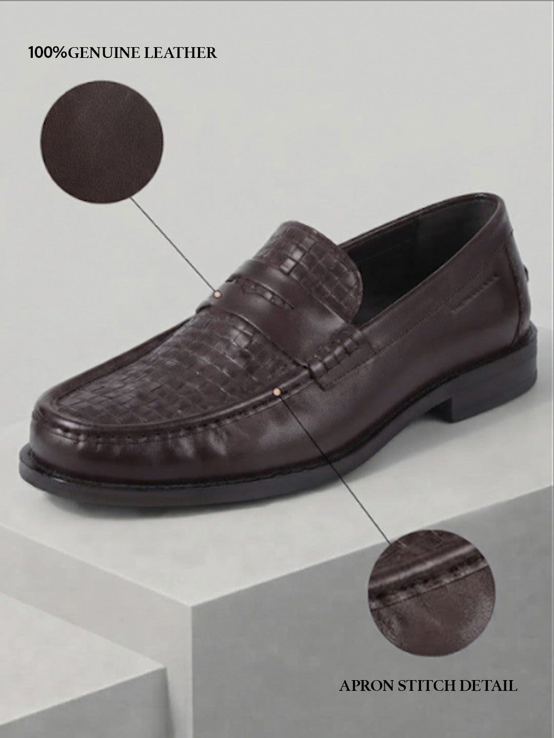Euston Men's Brown Woven Texture Genuine Leather Penny Loafers | Premium Slip-On Formal & Smart Casual Dress Shoes|TC-2653BR