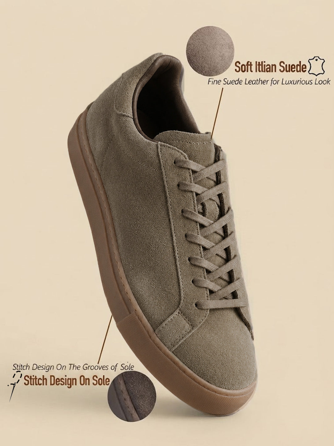 Silva Khaki Suede Sneakers | Minimalist Low-Top Retro Footwear|TC-2648MS