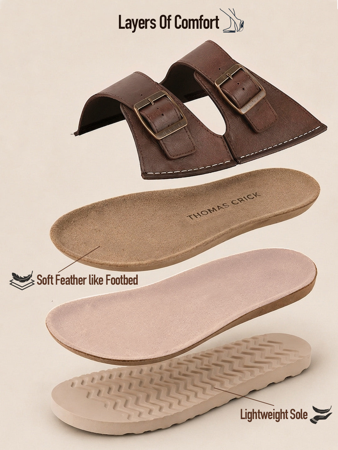 Solace Brown Double Buckle Sandals | Premium Casual Slippers with Suede-Textured Footbed |TC-2760BR