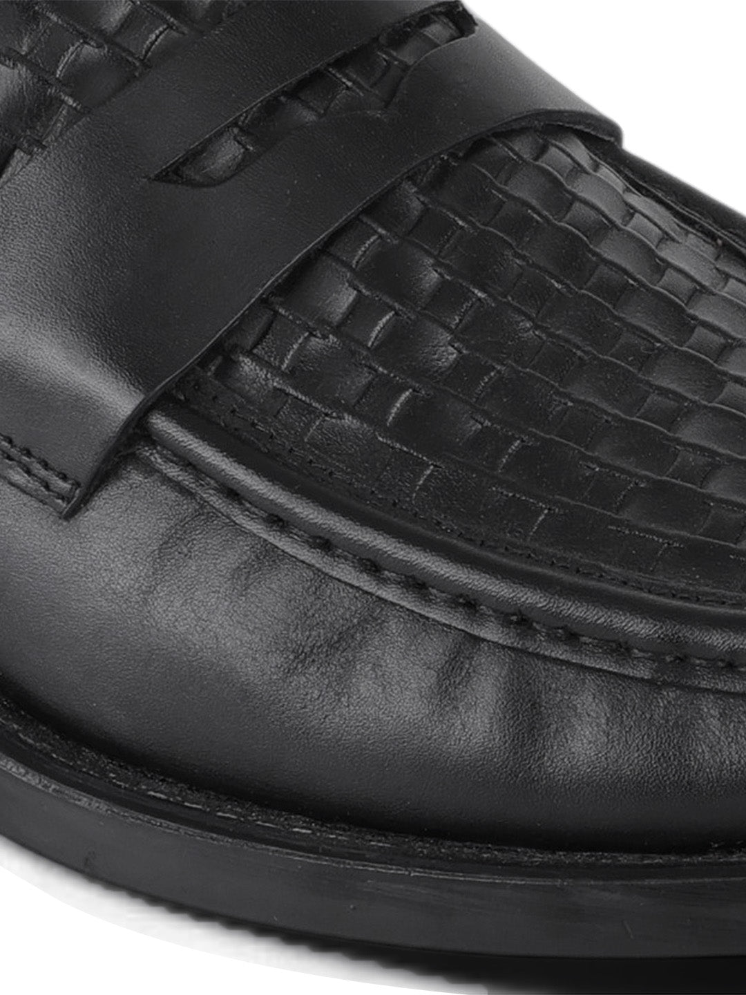 Euston Men's Black Woven Texture Genuine Leather Penny Loafers | Premium Slip-On Formal & Smart Casual Dress Shoes|TC-2653BL
