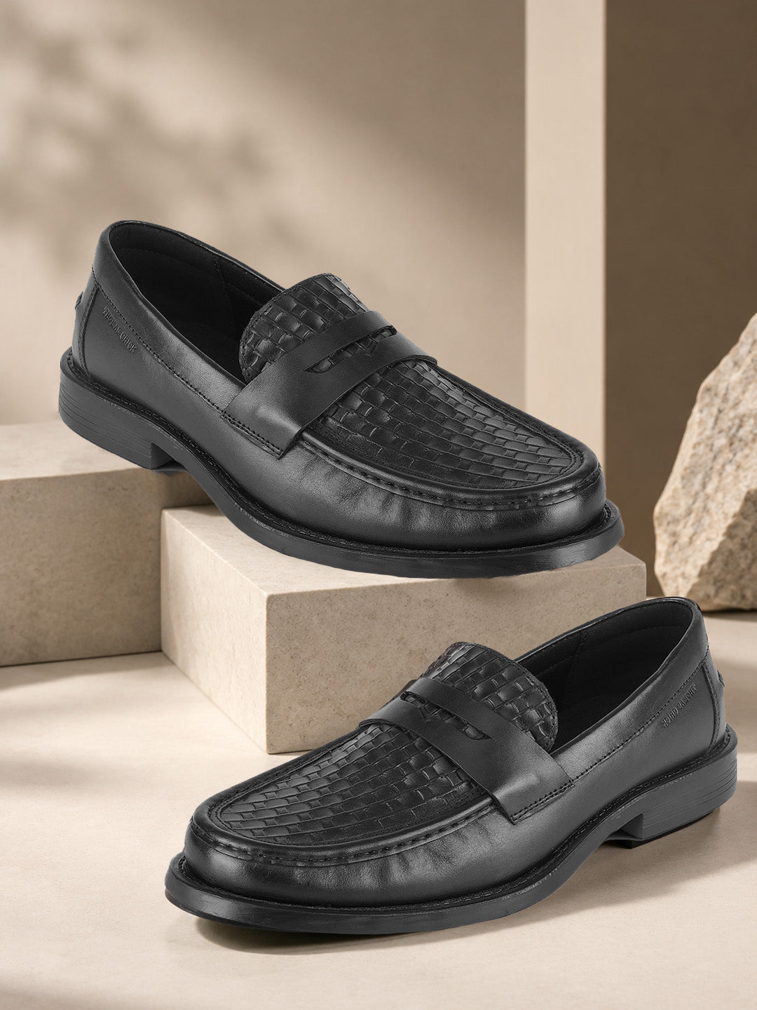 Euston Men's Black Woven Texture Genuine Leather Penny Loafers | Premium Slip-On Formal & Smart Casual Dress Shoes|TC-2653BL