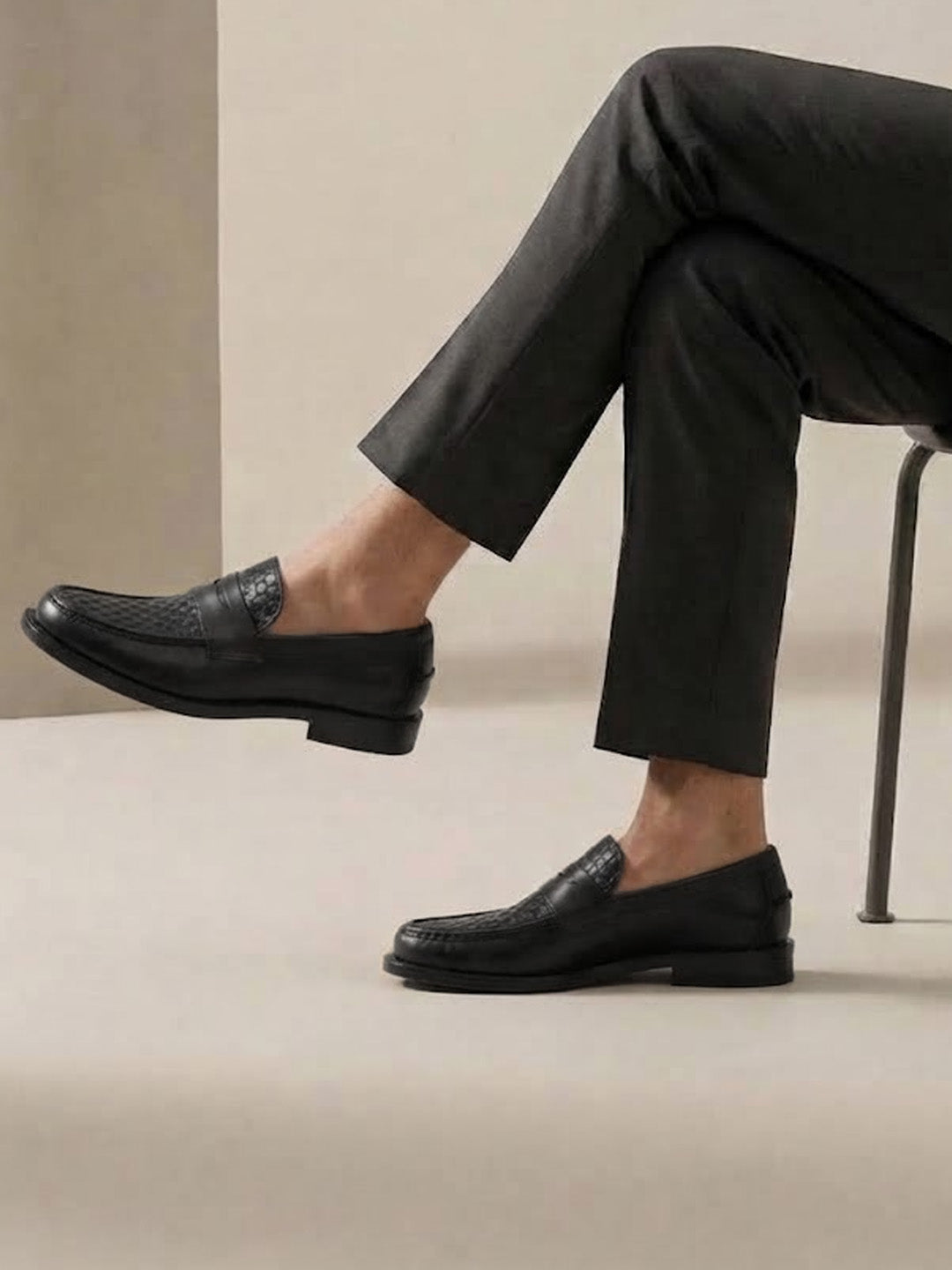 Euston Men's Black Woven Texture Genuine Leather Penny Loafers | Premium Slip-On Formal & Smart Casual Dress Shoes|TC-2653BL