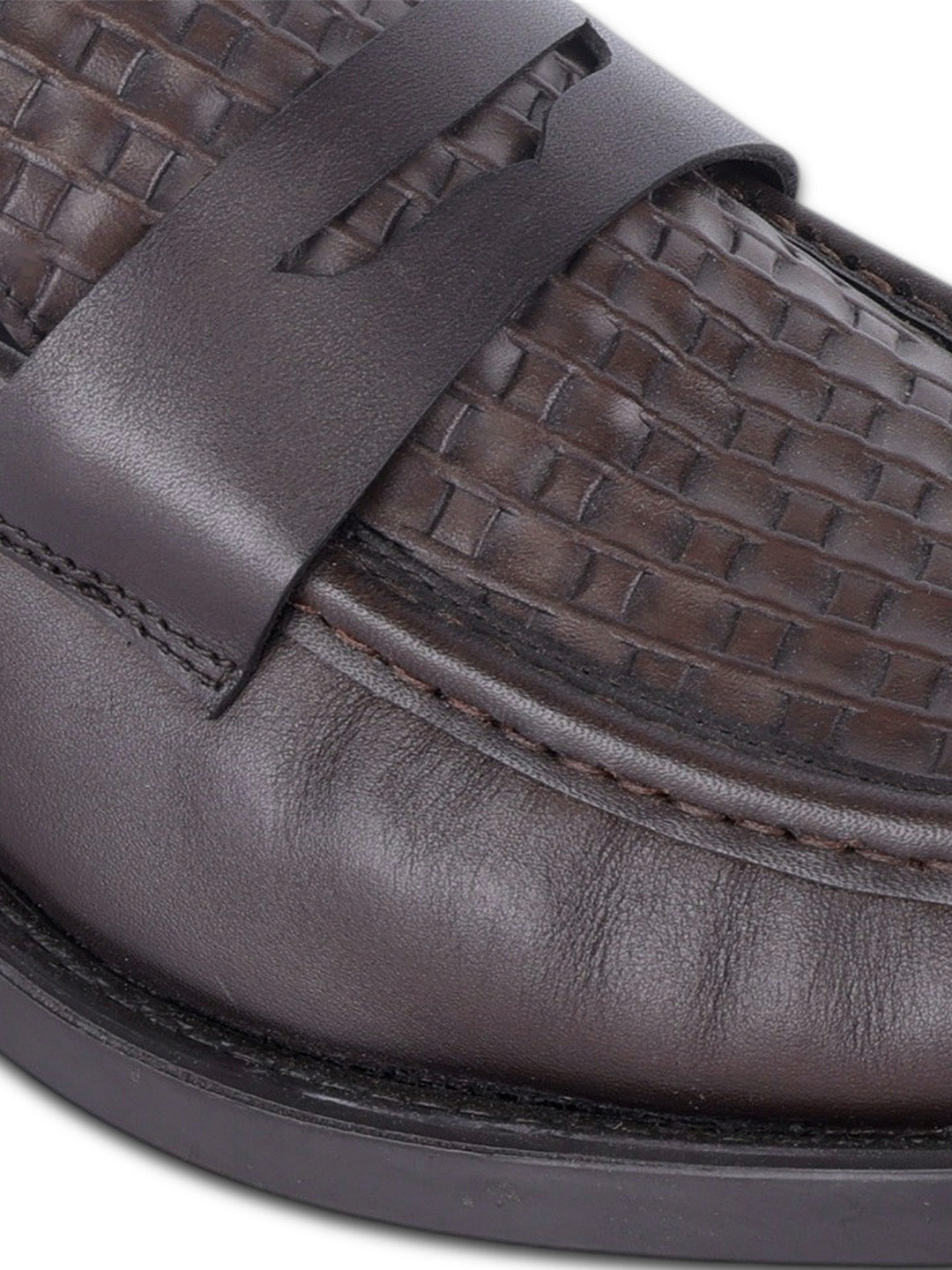 Euston Men's Brown Woven Texture Genuine Leather Penny Loafers | Premium Slip-On Formal & Smart Casual Dress Shoes|TC-2653BR