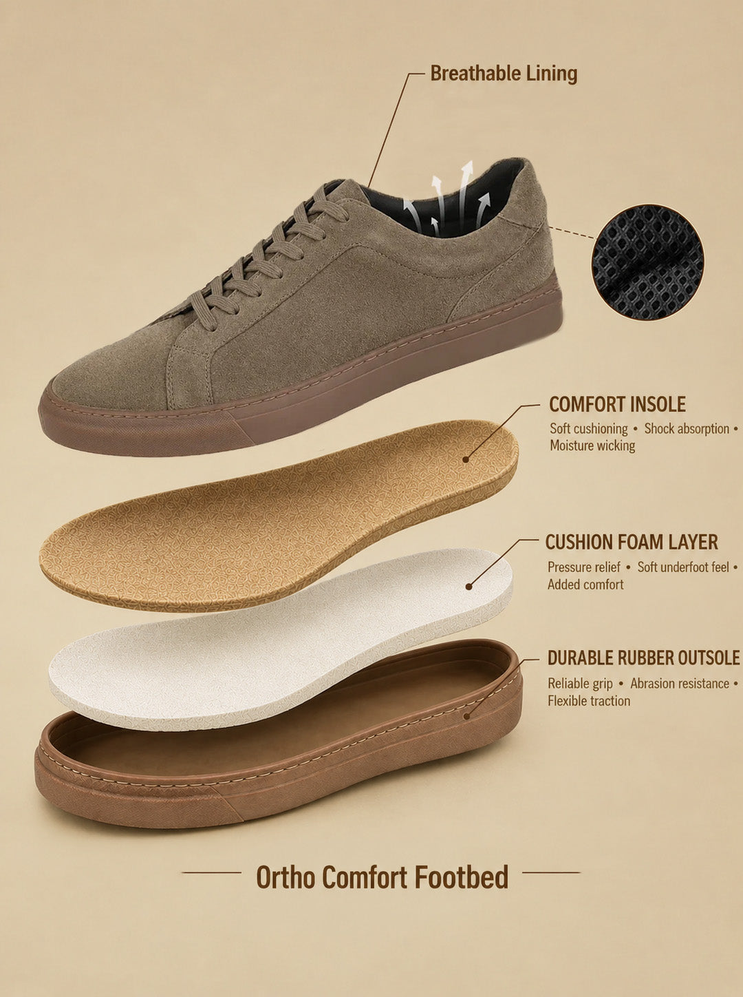 Silva Khaki Suede Sneakers | Minimalist Low-Top Retro Footwear|TC-2648MS