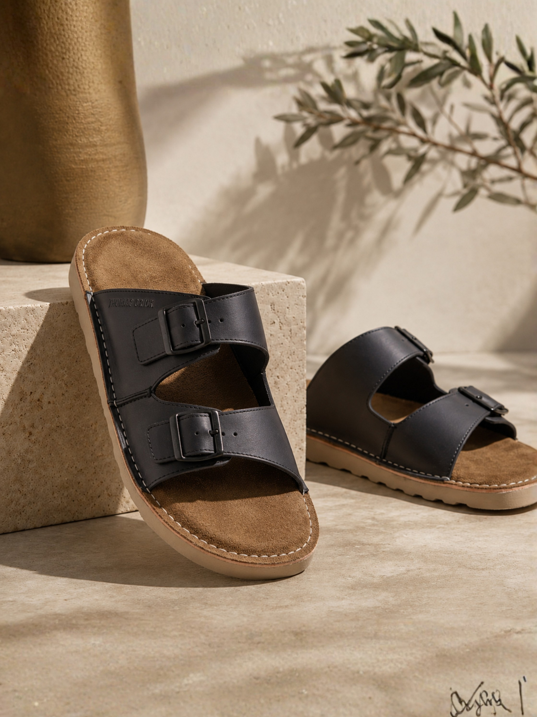SOLACE Black  Double Buckle Sandals | Premium Casual Slippers with Suede-Textured Footbed |TC-2760BL