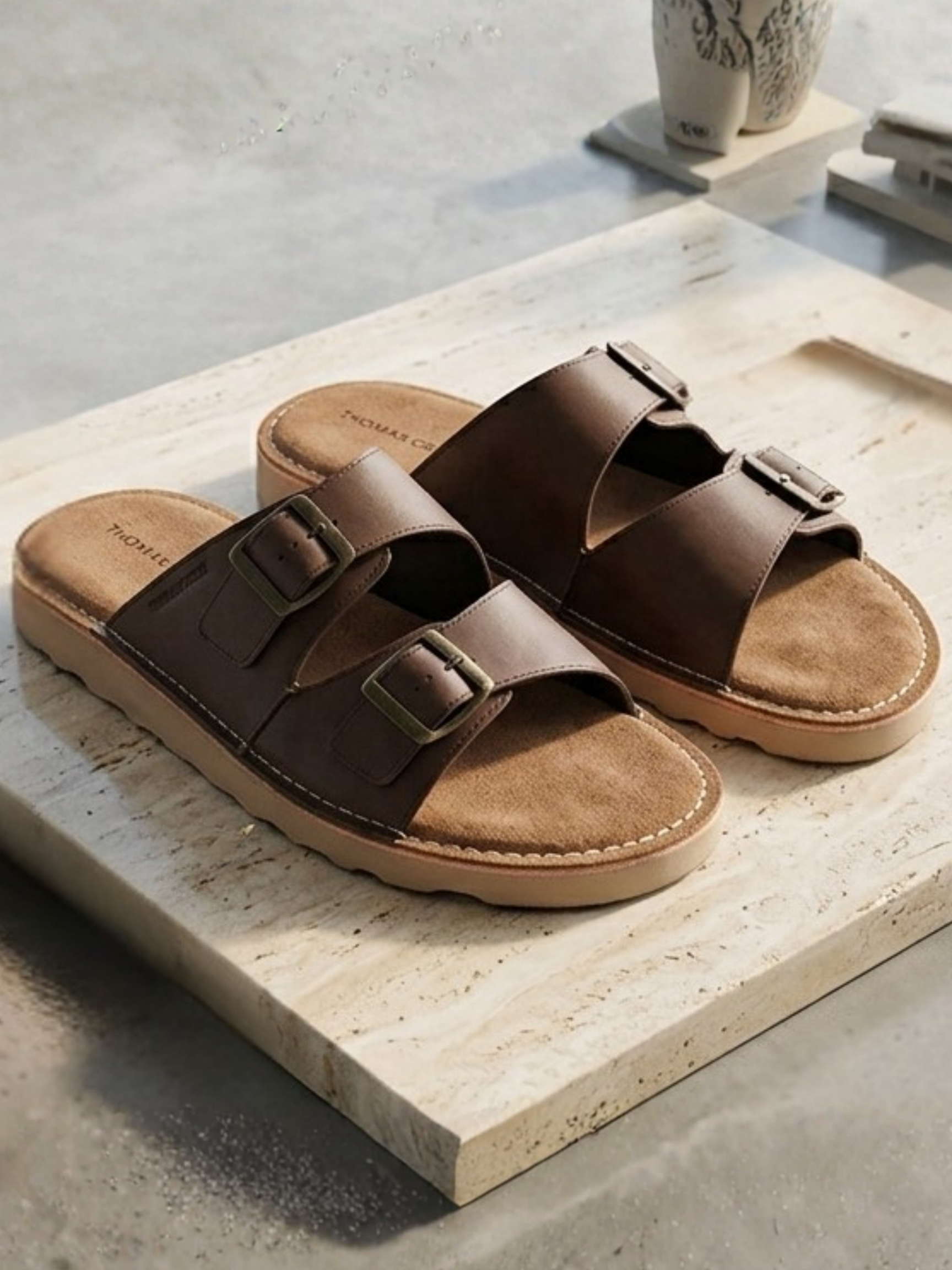 SOLACE Brown  Double Buckle Sandals | Premium Casual Slippers with Suede-Textured Footbed |TC-2760BR