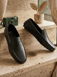 Romano Black Loafers | Slip-On Driving Shoes with Pebbled Traction Pods|TC-2650BL