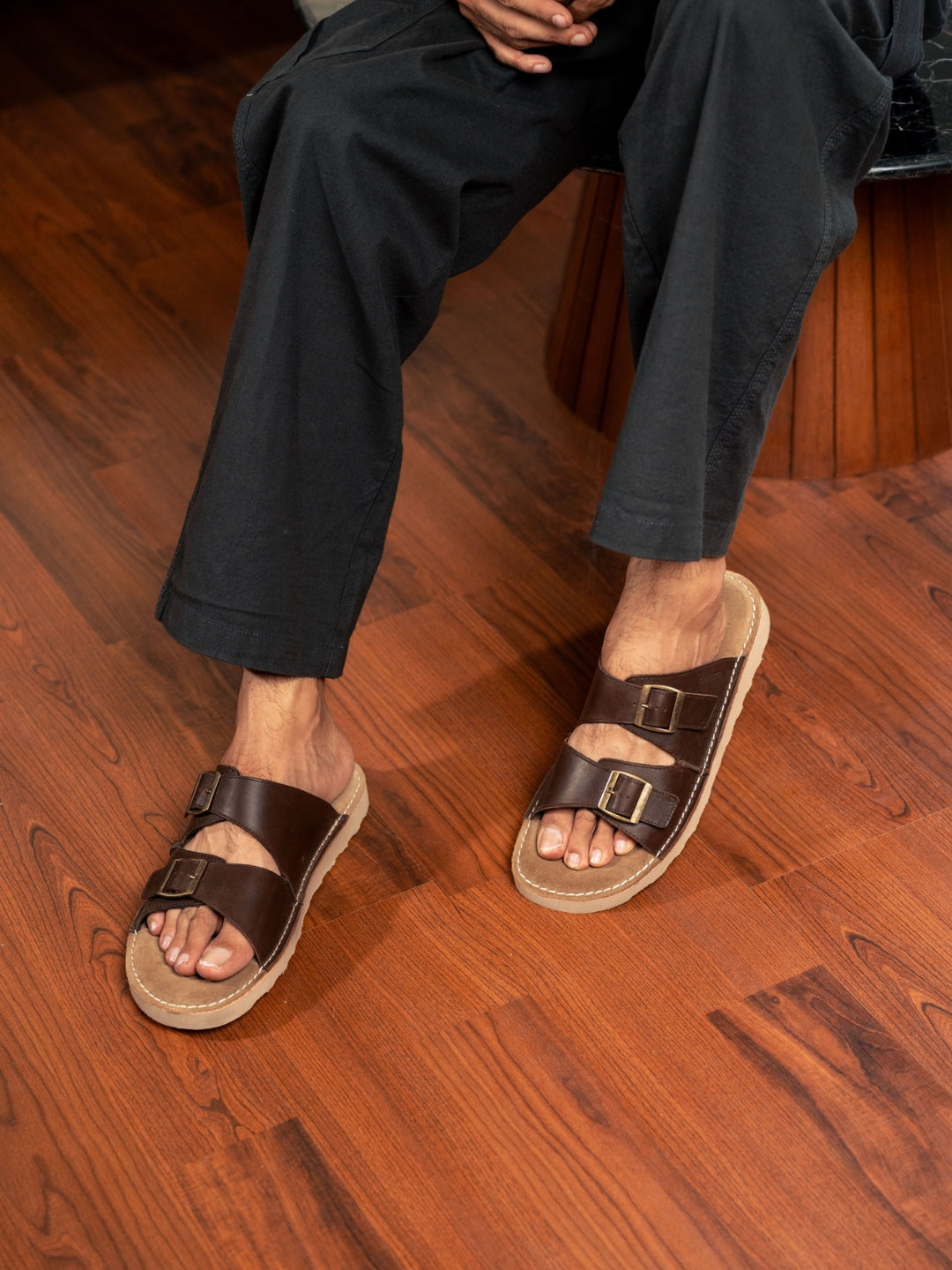 SOLACE Brown  Double Buckle Sandals | Premium Casual Slippers with Suede-Textured Footbed |TC-2760BR