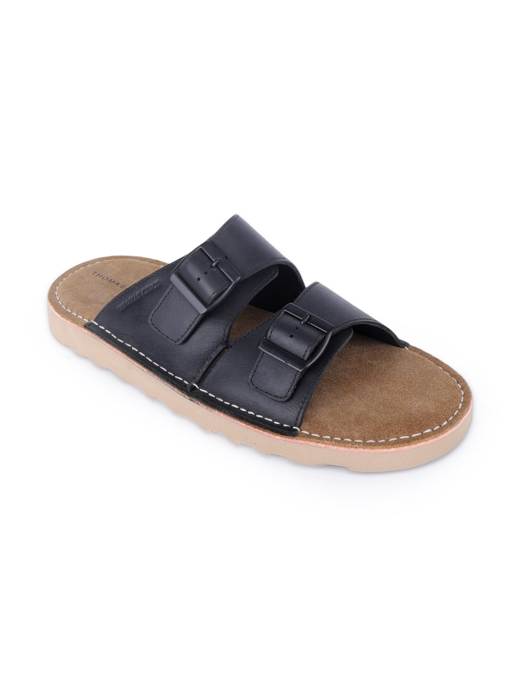 SOLACE Black  Double Buckle Sandals | Premium Casual Slippers with Suede-Textured Footbed |TC-2760BL