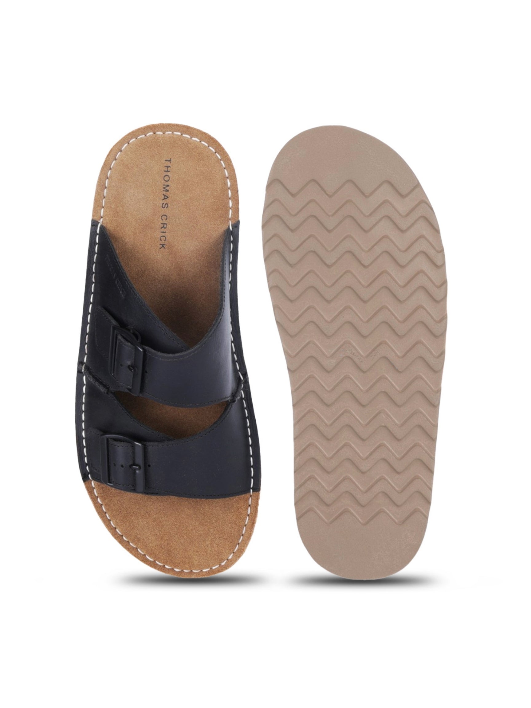SOLACE Black  Double Buckle Sandals | Premium Casual Slippers with Suede-Textured Footbed |TC-2760BL
