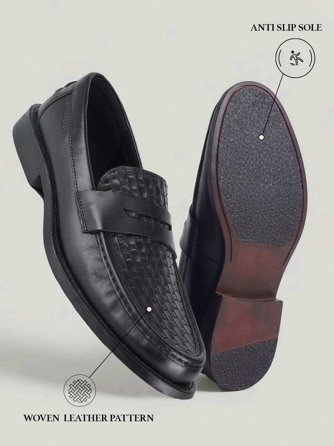 Euston Men's Black Woven Texture Genuine Leather Penny Loafers | Premium Slip-On Formal & Smart Casual Dress Shoes|TC-2653BL