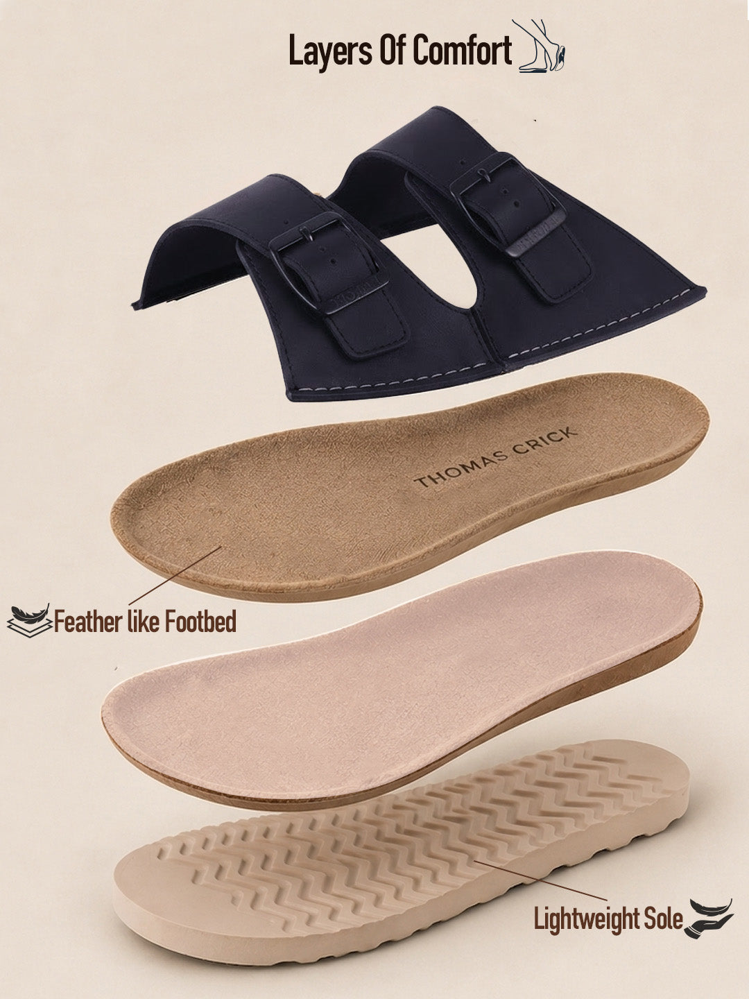Solace Black  Double Buckle Sandals | Premium Casual Slippers with Suede-Textured Footbed |TC-2760BL