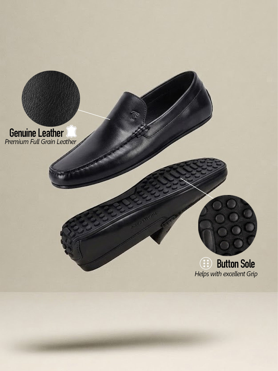 Romano Black Loafers | Slip-On Driving Shoes with Pebbled Traction Pods|TC-2650BL