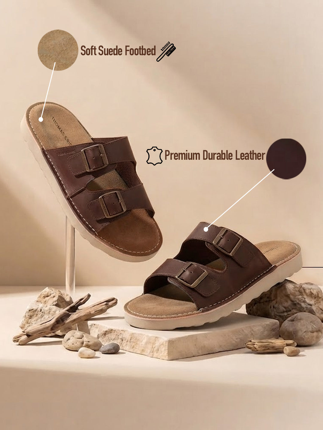 Solace Brown  Double Buckle Sandals | Premium Casual Slippers with Suede-Textured Footbed |TC-2760BR