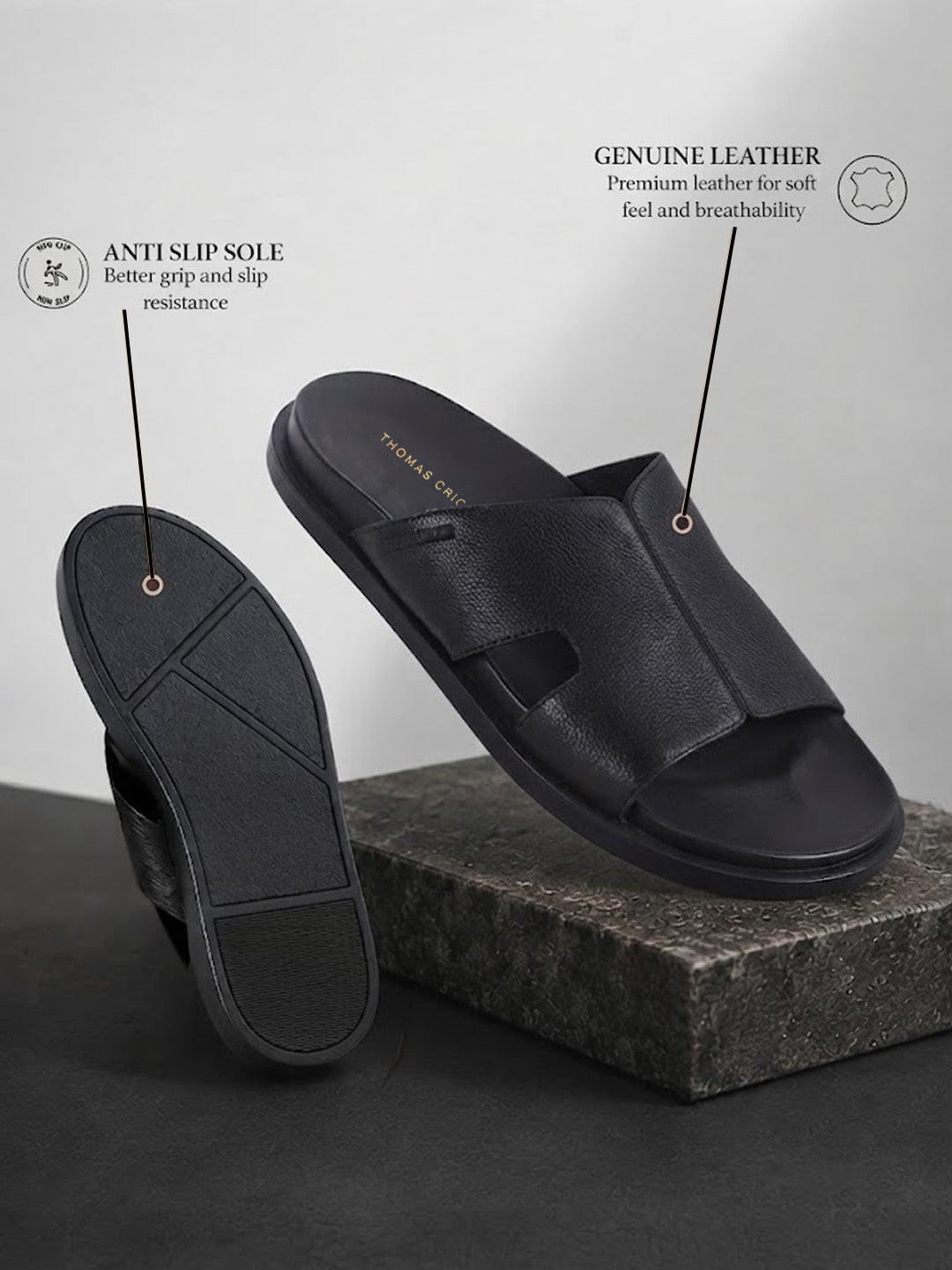 Dune Black Sandals | Premium open Toe Broad-Strap Casual Sandals |TC-2758BL