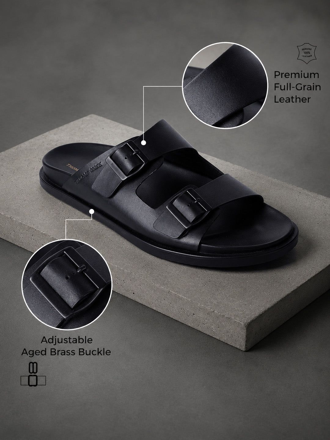 Atlas Black Sandals | Double Buckle Adjustable Casual Sandals |TC-2761BL
