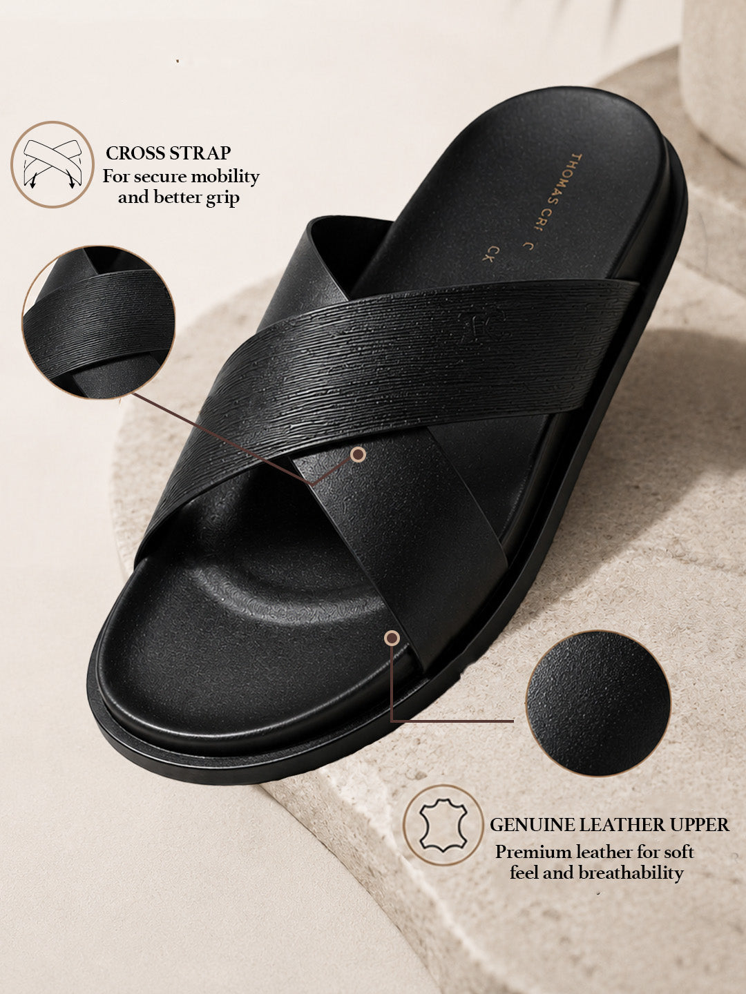 Aster Black  Cross-Strap Sandals| Premium Open Toe Comfort Sandals |TC-2759BL