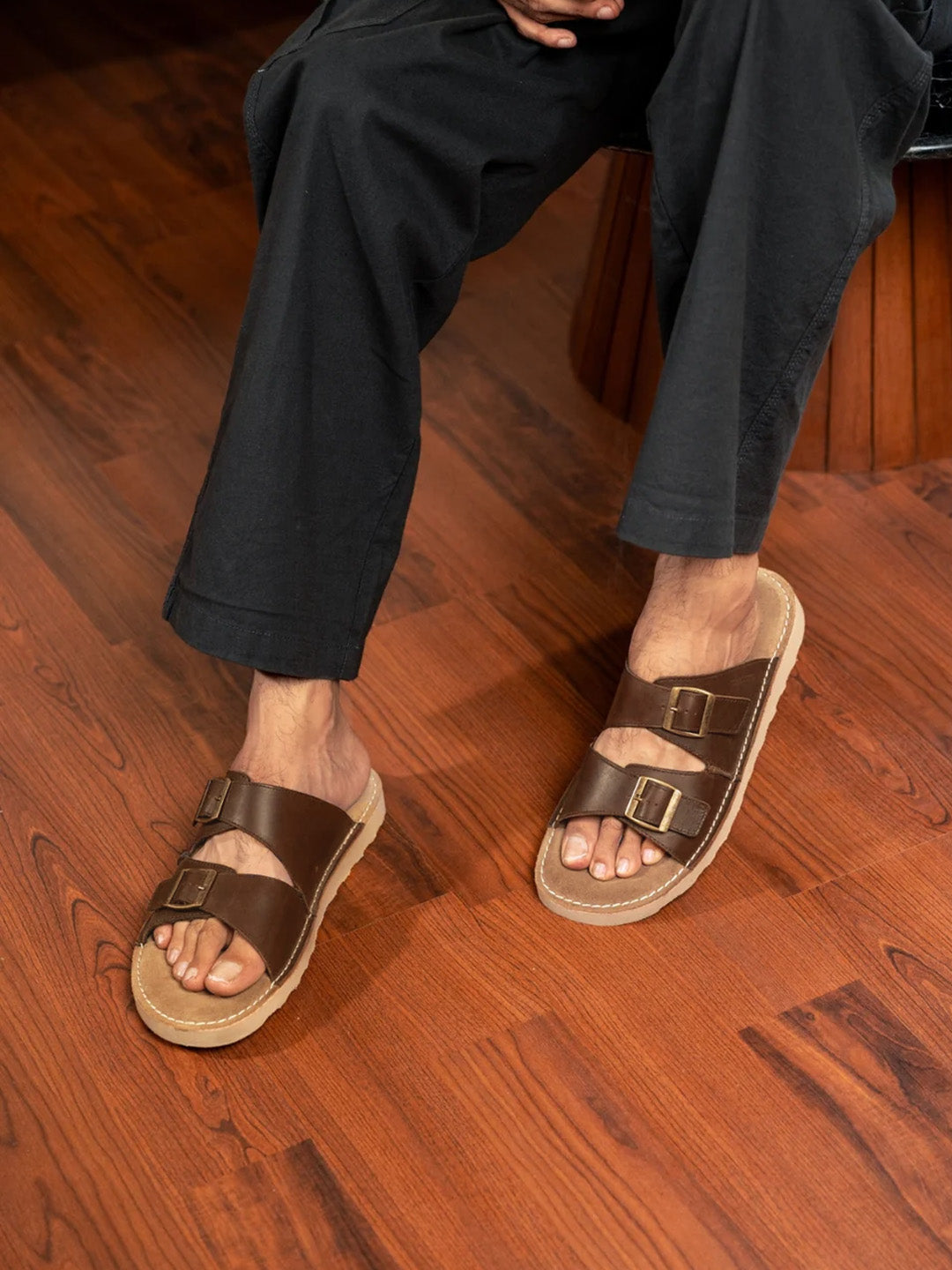 Solace Brown  Double Buckle Sandals | Premium Casual Slippers with Suede-Textured Footbed |TC-2760BR
