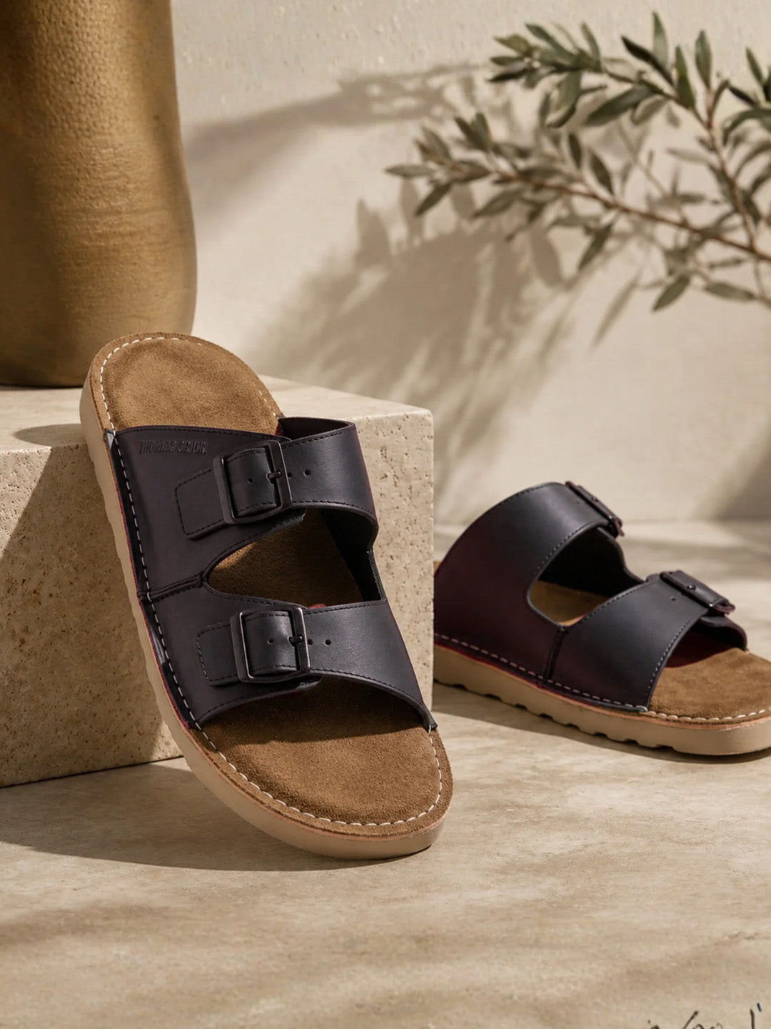Solace Black  Double Buckle Sandals | Premium Casual Slippers with Suede-Textured Footbed |TC-2760BL