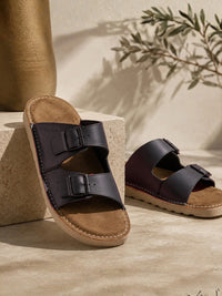 Solace Black  Double Buckle Sandals | Premium Casual Slippers with Suede-Textured Footbed |TC-2760BL