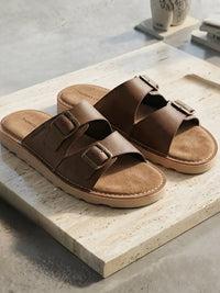 Solace Brown  Double Buckle Sandals | Premium Casual Slippers with Suede-Textured Footbed |TC-2760BR