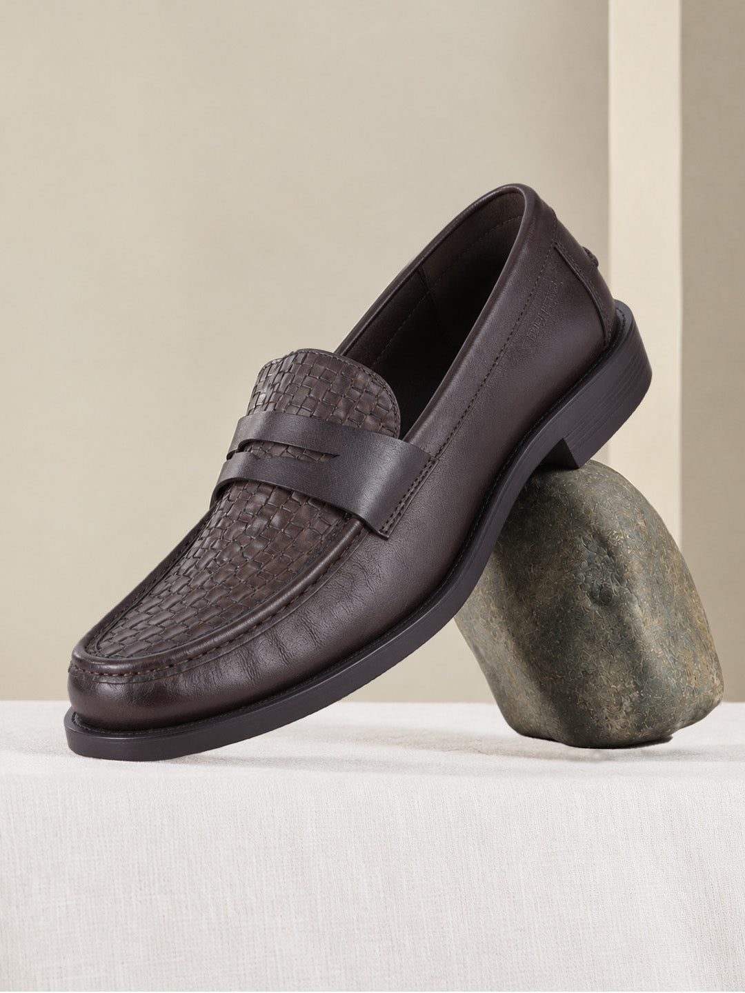 Euston Men's Brown Woven Texture Genuine Leather Penny Loafers | Premium Slip-On Formal & Smart Casual Dress Shoes|TC-2653BR